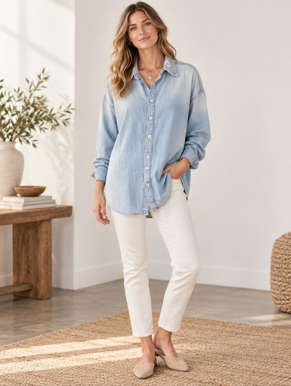 The Great Size 2 Light Wash Denim Shirt Oversized Distressed 100% Cotton USA Med